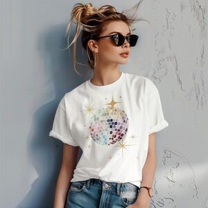 Disco Ball Graphic Tee White Fun Party Shirt, Music Lover Gift